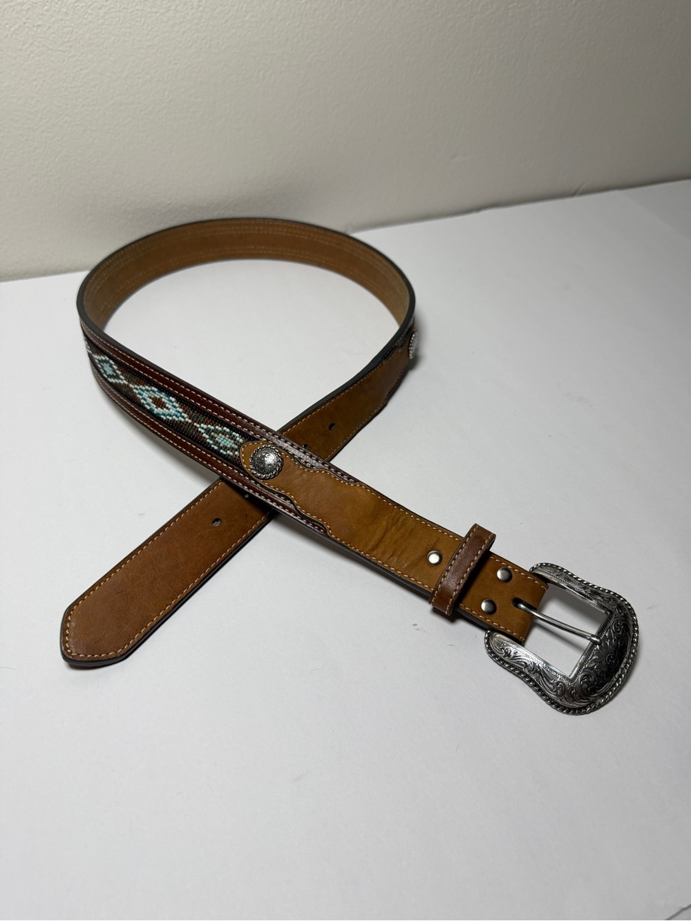 Nocona Brown Leather Beaded Western Belt Turquoise Blue Concho Boho Cowgirl 38